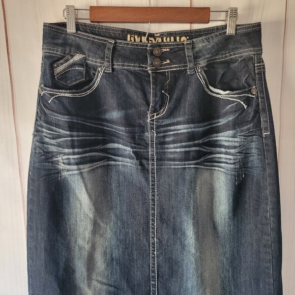 Y2K Hydraulic Denim Maxi Jean Skirt, Women’s 9/10, Embroidered Pockets, EUC - Picture 2 of 11